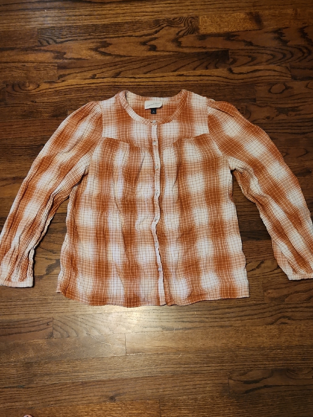 Rust and White Plaid Button-Front Peasant Blouse